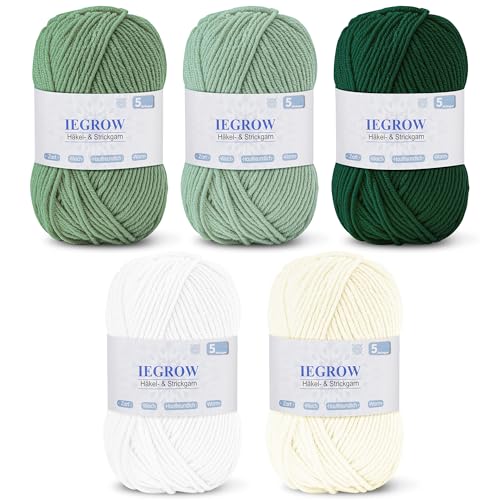 iEGrow Häkelgarn 250g (50g x 5 Farben), Acryl Garn zum Stricken, Garn zum Häkeln und Stricken, Handstrickgarn-Sets, Wolle Zum Stricken，Glänzend und hautfreundlich Yarn Set Für 4-6 mm Häkelnadeln 02