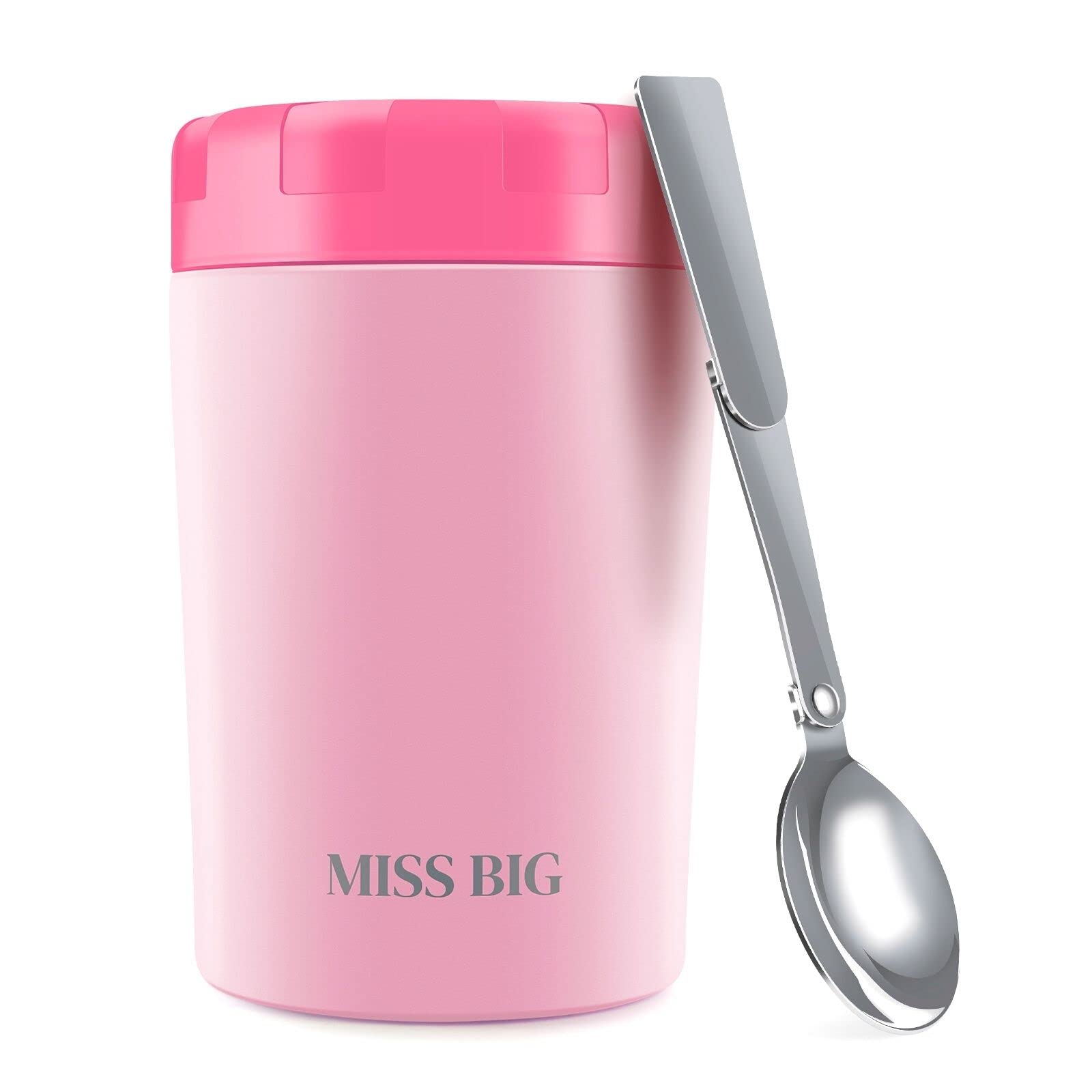 Insulated Lunch Container, MISS BIG 17oz Thermos for Hot Food, Large, Leakproof, BAP Free Food Jar with Spoon, Keep Hot Cold Food for School, Office, Picnic, Travel-Pink