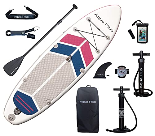 Aqua Plus 10ftx32inx6in Inflatable SUP for All Skill Levels Stand Up Paddle Board, Adjustable Paddle,Double Action Pump,ISUP Travel Backpack, Leash,Shoulder Strap,Youth & Adult Inflatable Paddle Board