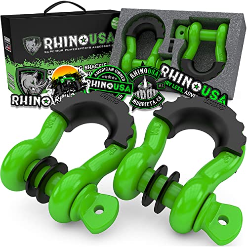 Image of Rhino USA D Ring Shackles (2-Pack) - 41,850lb Break Strength - Heavy Duty 3 /4 inch Clevis Shackle with 7 /8 Pin for Towing & Off-Road Use - Pairs with Tow Strap for Vehicle Recovery (Green)