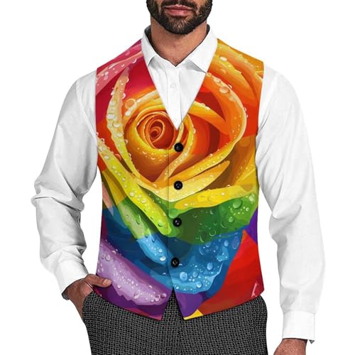 LGBT Gay Pride Rainbow Flag Rose Flower Novelty Men's Suit Vest Funny Formal Dress Vests Business Waistcoat