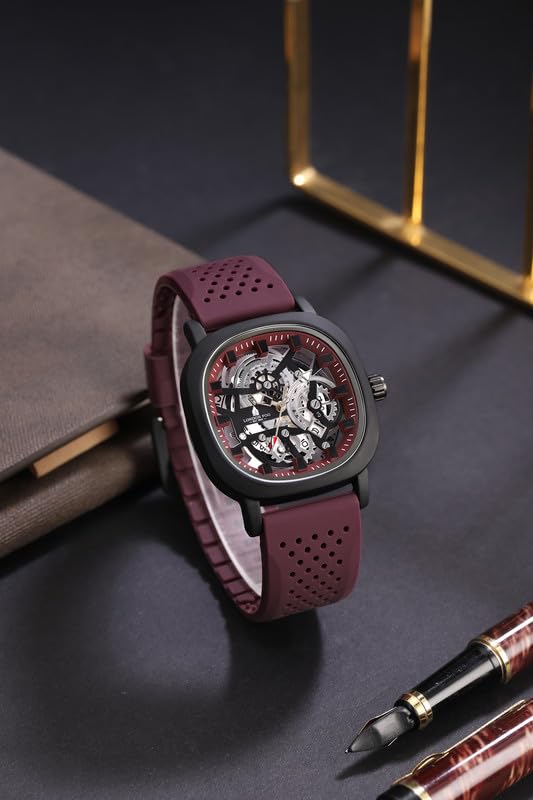 Image of London Fog Strand Collection Skeleton Style Quartz Watch for Men with Cushion Shaped Case, Date Display, Luminous Hands & Baton Hour Markers and Perforated Silicone Strap - LFM10026
