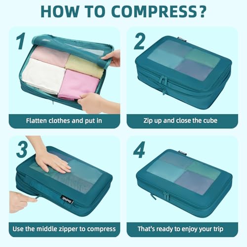 Image of BAGAIL 4 Set /6 Set /8 Set Compression Packing Cubes Travel Accessories Expandable Packing Organizers (Square Mesh, 06-Teal)