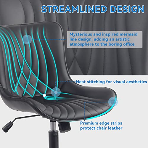 Image of YOUNIKE Office Chair, Armless Desk Chair with Wheels, Home Office Computer Task Chairs, Modern Faux Leather Padded Vanity Chair, Adjustable Swivel Rocking Chair with Back, Black
