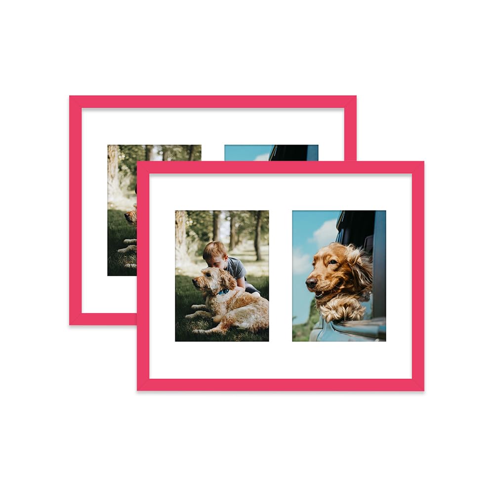 Bright Pink Multi Photo Frame - Holds 2 x 7x5 Pictures, Family Collage Picture Frame for Wall Display, 14x11 Frame size, Set of 2