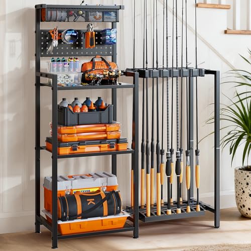 Fishing Rod Holders for Garage Fishing Pole Holder with 3 Tier shelf Heavy Duty Fishing Pole Rack with Pegboard & Basket Fishing Rod Rack Hold up to 12 Fishing Rods Ideal Fishing Gifts Black
