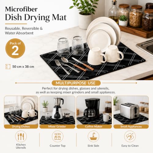 Image of Cutting EDGE Microfiber Dish Drying Mat - Water Absorbent & Reversible for Kitchen Utensils, Counter Top, Sink (Pack of 2, 50CM X 38CM - Black)