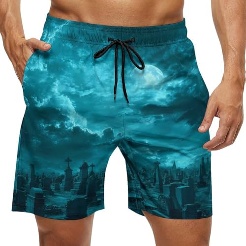 Halloween Cemetery Night Moon Mens Swim Trunks Quick Dry Board Shorts Beach Swimwear Bathing Suits