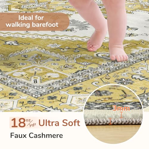 OPPODREAM Soft 10x14 Area Rugs, Washable Rugs 10x14 with Non Slip Backing, Low-Pile Faux Cashmere 10 x 14 Carpet, Yellow