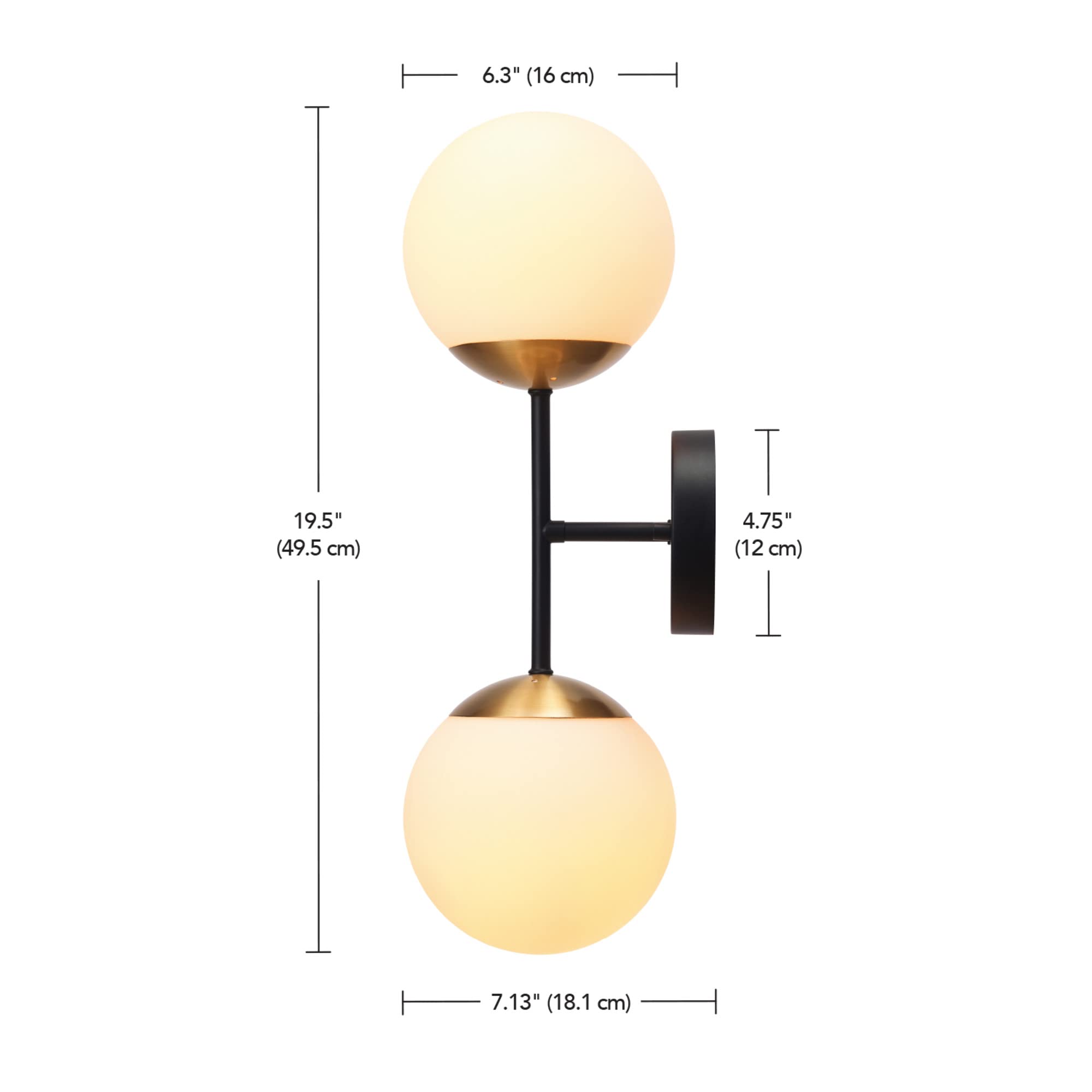 Globe Electric 52079 2-Light Wall Sconce, Matte Black, Antique Brass Accent Socket, Matte Opal Glass Shades, Modern Light for Living Room or Bedroom, Dimmer Switch Compatible, E26 Base