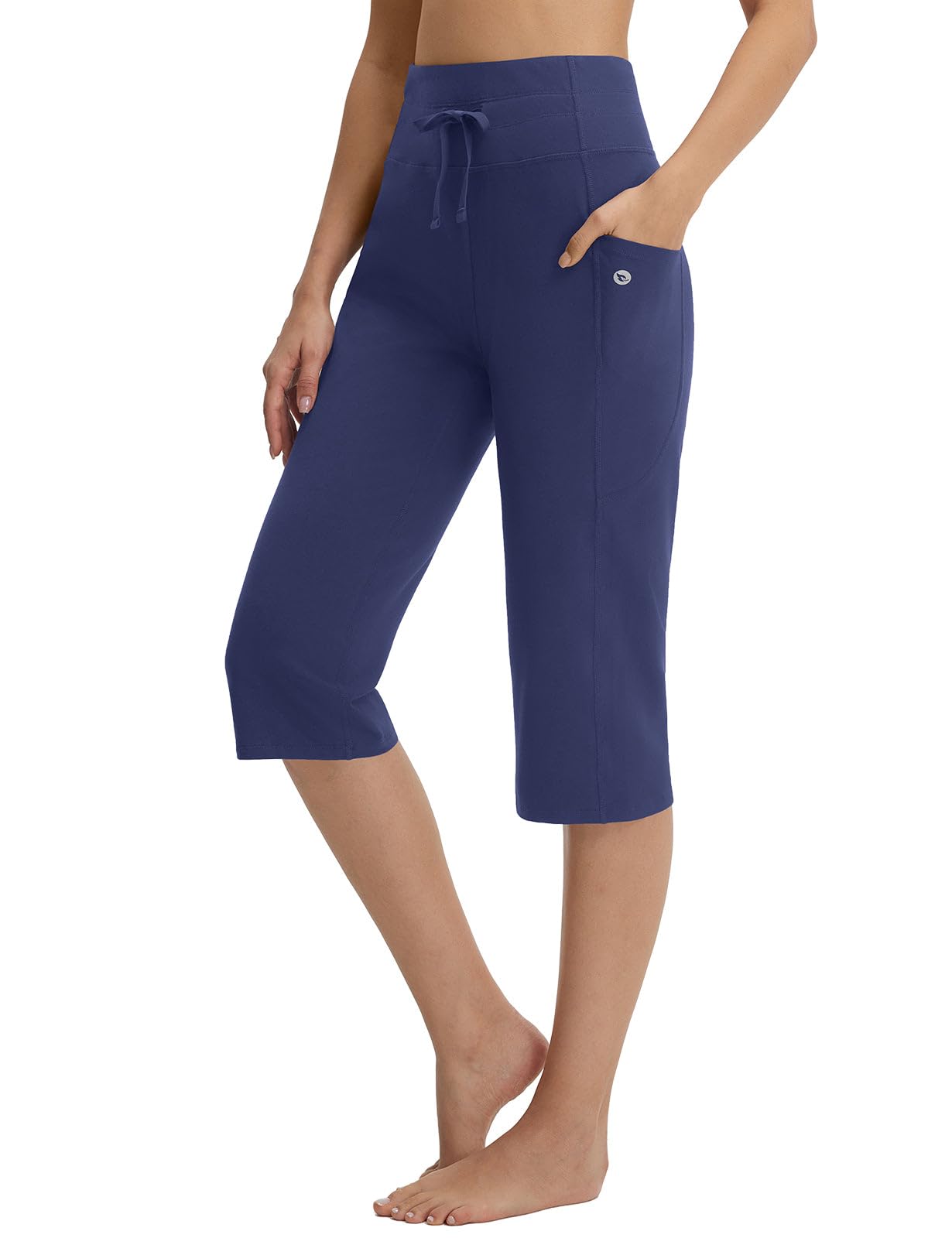 baleaf Damen Yogahose Baumwolle High Waist Caprihose mit Taschen Freizeithose 46CM Straighthose Casual Lounge Sommer Sporthose