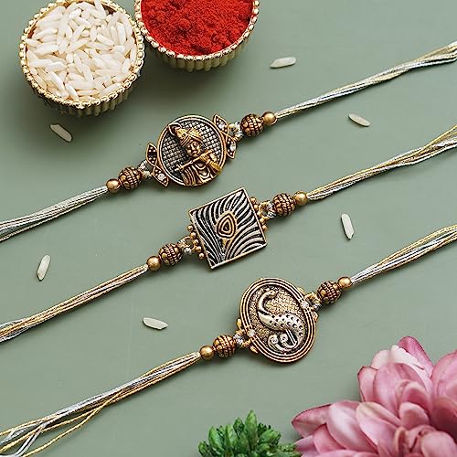 Image of eCraftIndia Set of 3 Peacock Designer Rakhis for Brother Bhabhi Kids Bhaiya | Raksha Bandhan Rakhi Combo Hamper