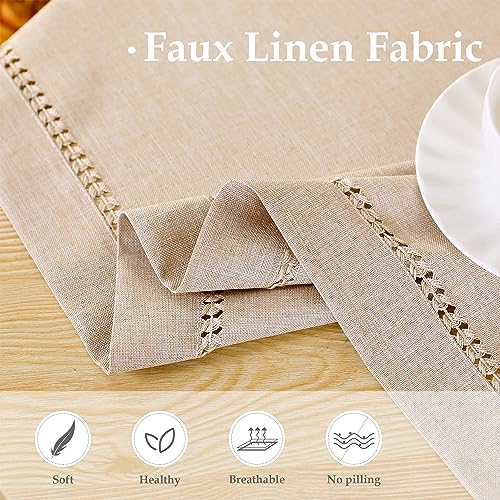 Handmade Hemstitch Tablecloth Natural Faux Linen Table Cloth Oval Rustic Table Cover For Kitchen Dinning Room Party Solid Beige 60X84 Inch #TOP2