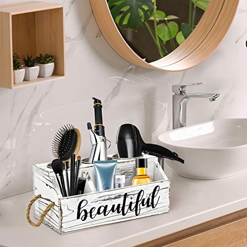 Rustic Wood Hair Dryer Holder, Hair Styling Product Care Tool Organizer, Bathroom Countertop & Vanity Caddy Storage Stand for Blow Dryer Straightener Curling Iron with 3 Stainless Steel Buckets White - Thumbnail 6