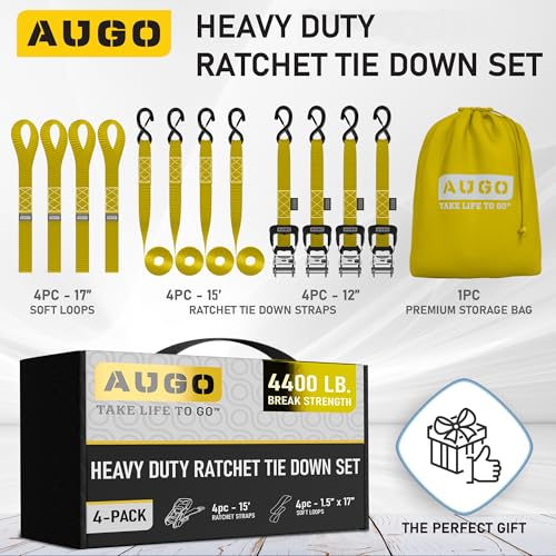 Image of AUGO Heavy Duty Ratchet Straps & Soft Loops - Pack of 4 Extra Strong 1.5 inch by 15' Ratchet Straps w /S-Hook Safety Latches & 4 Soft Loop Tie Downs - 4400Lb Break Strength for Motorcycles, ATVs, Etc.