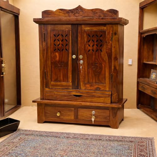 Image of Wudniture Solid Sheesham Wood Pooja Mandir for Home | Handcrafted Wooden Temple with 3 Storage Drawers, Tray & Lock | Natural Teak Finish