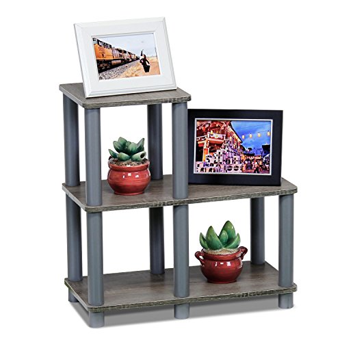 Image of Furinno TURN-N-TUBE Storage Shelves, 2-Tier Ladder Shape Book Shelf with Open Frame Design, 3-Cube Corner Shelf, Toolless Open Shelves, Living Room, Garage, Home Office, Grey