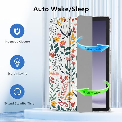 Image of MoKo Trifold Case for Galaxy Tab A9 Plus /A9+ 11 Inch 2023, Flowers | Slim Stand Hard PC Translucent Back Shell Smart Cover, Auto Sleep /Wake, Light, Anti-scratch, 2 Adjustable Angle