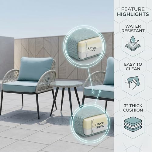 Image of LOCCUS Outdoor Patio 3-Piece Wicker Chair Table Set with Double Waving HDPE Rattan All Weather Resistant Furniture with Glass Top Table & Comfy Seat (Sliver Grey & Sky-Blue)