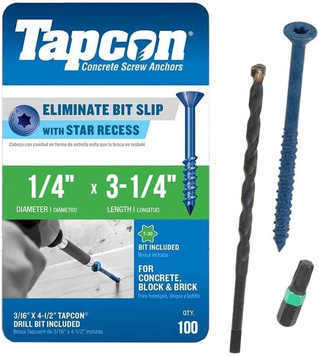 Tapcon 1/4" x 3-1/4" Star Torx Head Concrete Anchor Screws 3191407V2 | 100 Pack | Drill Bit Included