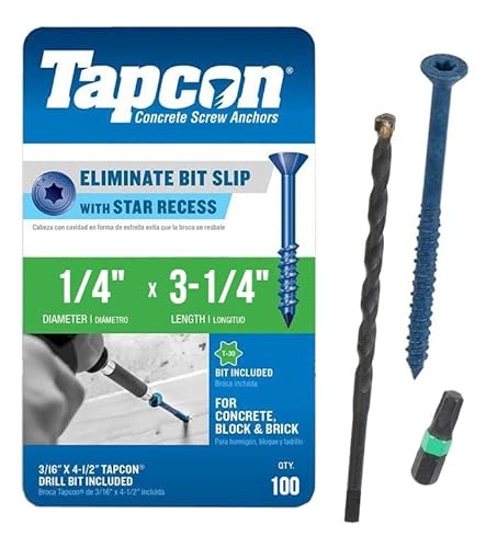 Tapcon 1/4" X 3-1/4" Star Torx Head Concrete Anchor Screws 3191407V2 | 100 Pack | Drill Bit Included #TOP20