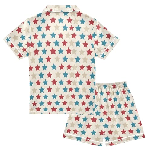 Star Pattern Summer Satin Pajama Set, Cute Button-Down Sleepwear Pj Set for Sleep Wears2