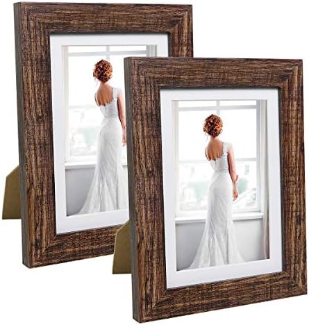 Q.Hou 5x7 Picture Frames Wood Patten Rustic Brown Set of 2, with Mat,Display 4x6 picture (QH001-MT5X7-BR)