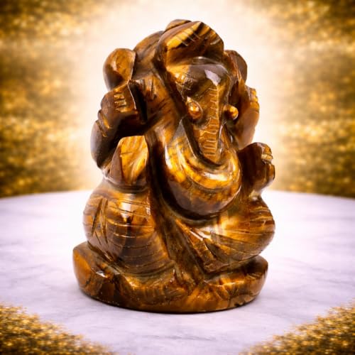 Image of Tiger Eye Crystal Ganesha Idol Figurine, Brown, Spiritual, Natural Stone, 2 Inches, 50-80 GMS, Home Decor and Car Dashboard