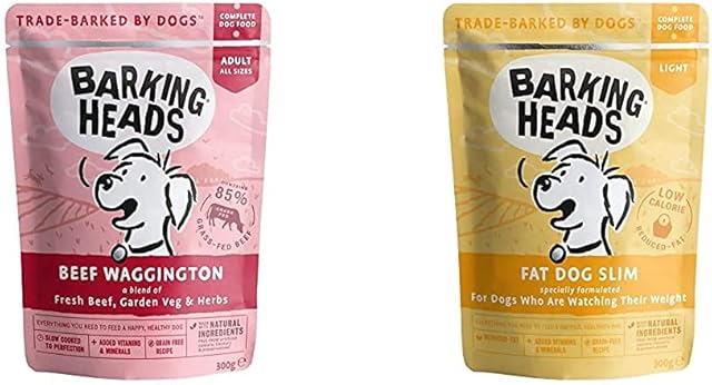Barking Heads Wet Dog Food - Beef waggington - Grass-Fed Beef & Low-Calorie Wet Dog Food - Fat Dog Slim - Free-Run Chicken with No Artificial Flavours, Grain-Free Recipe with Reduced Fat (10 x 300 g)