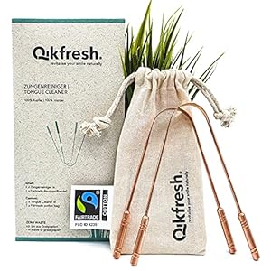 Qikfresh – 2 Tongreinigers 100% Koper, Fairtrade Katoenen Zakje | Antibacteriële Tongschraper, Stevige Handgrepen…