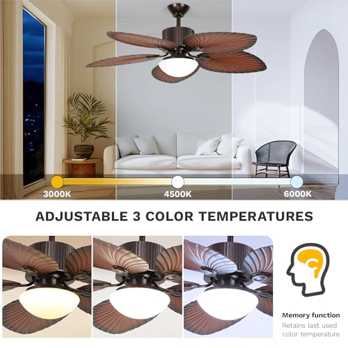 DWVO 52 Inch Palm leaf Ceiling Fan with Lights, Tropical Ceiling Fans with Remote, 3CCT Dimmable, Reversible Quiet DC Motor for Bedroom, Living Room, Dining Room