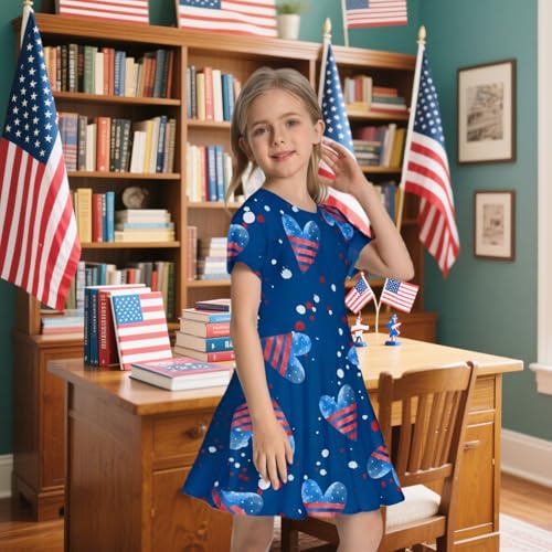 RONGTAI Girls 4th of July Dress Size 8-9 American Flag Dresses Kids 3D Casual Outfit Summer Sundress Striped Heart Short Sleeve Playwear3