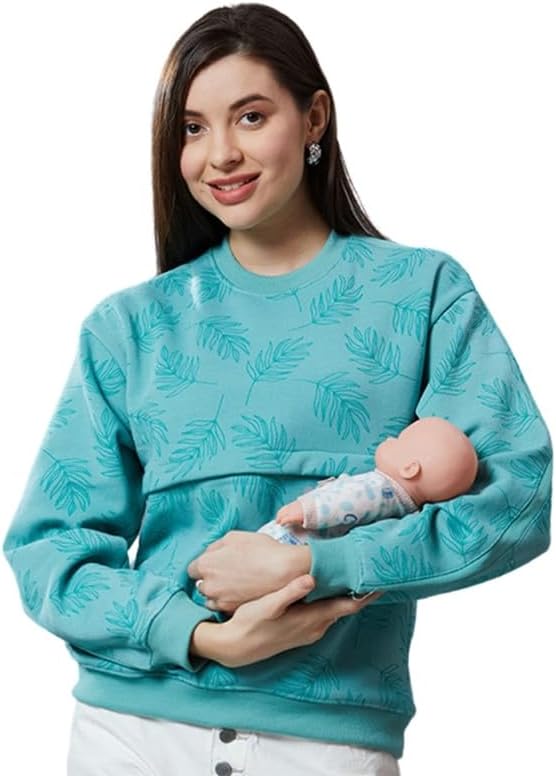 Maternity Tops for Mothers with Zip | Stylish Printed Sweatshirt with Concealed YKK Zipper in Knitted Fleece for Pre & Post Pregnancy