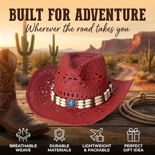 Image of Wildarms Western Cowboy Hat for Women Men Wide Brim Woven Straw Cowboy Hat for Men Cowgirl Sun Beach Hat Decorative Bands