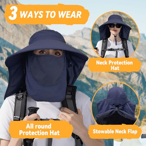 Image of Sun Hats for Men Women Detachable Face Cover Wide Brim Fishing Hats with Neck Flap UPF 50+ Outdoor Safari Hats