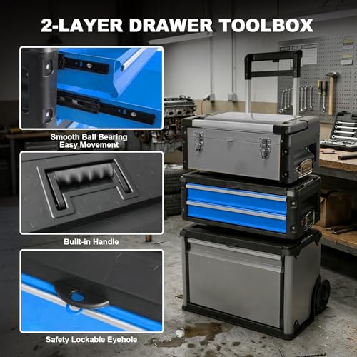 Image of Stackable Rolling Tool Box Portable Metal Toolbox Organizer with Wheels and 2 Drawers Separate Rolling Upright Trolley Tool Chest for Garage or Workshop, Blue