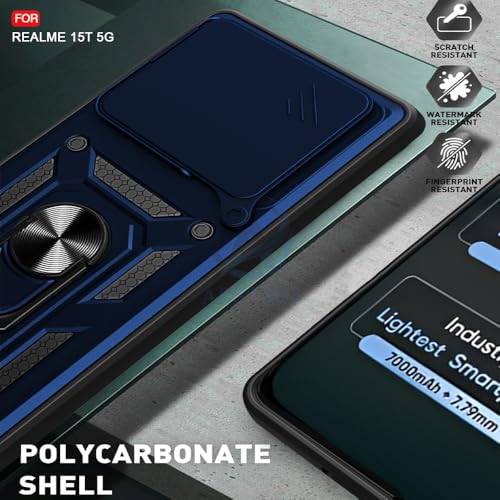 Image of AESTMO Tough Armor Realme 15T 5G Bumper Back Case Cover | Ring Holder & Sliding Camera Shield Cover | 360 Degree Protection Back Case Cover for Realme 15T 5G (Blue)