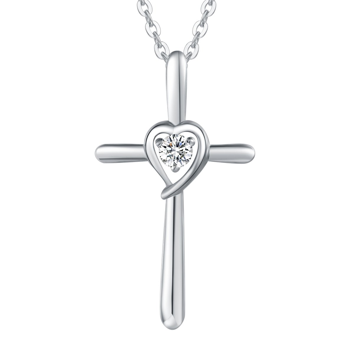 Collar con Colgante de Cruz Cristiana Corazón para Mujer de Plata de Ley 925 y Piedras Preciosas Zirconia - Longitud Cadena: 40 + 5 cm