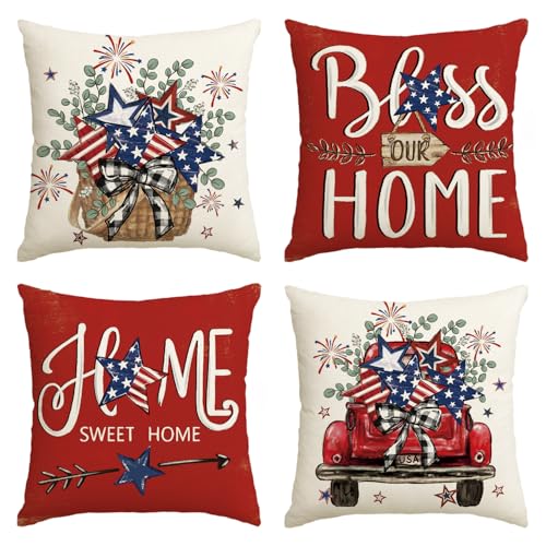 AVOIN colorlife Bless Our Home Eucalyptus Stars Fireworks Car Throw Pillow Covers, 18 x 18 Inch 4th of July Patriotic Independence Memorial Day USA Flag Cushion Case for Sofa Couch Set of 4