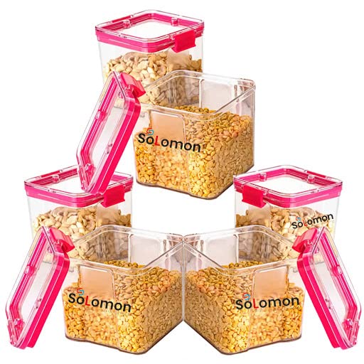 Image of Solomon Plastic Lockbpx Kitchen Fridge Container Transparent Jar Airtight Food Grade Quality Product Used for Daily Storage Spices Dryfuit Tea Salt 700ml (Pack of 6 Pink)