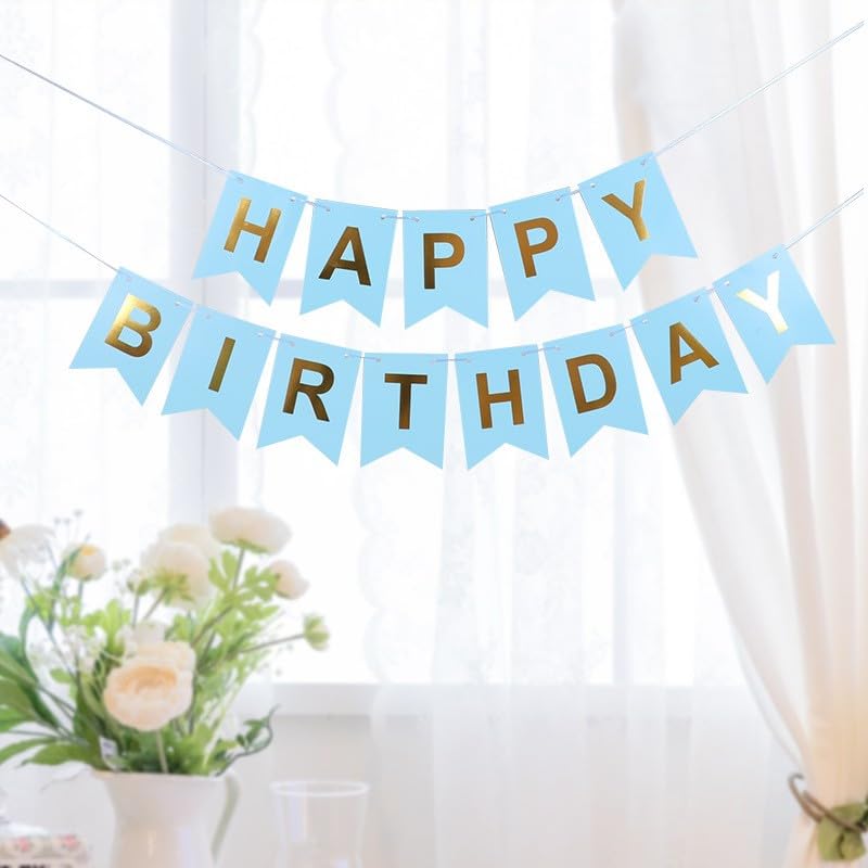 Light Blue Happy Birthday Bunting Banner with Shiny Gold Letters Party Supplies