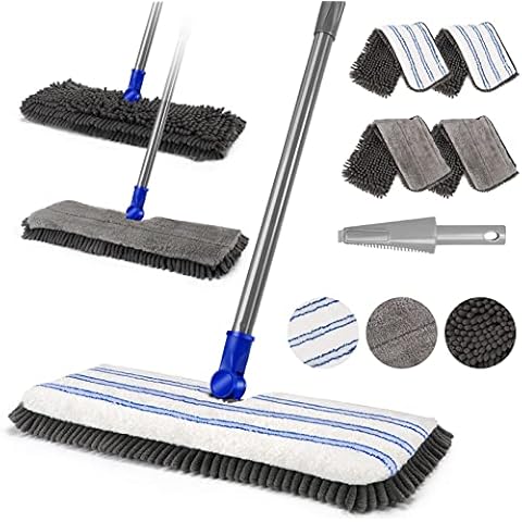 Midyb Floor Mop, 127cm Adjustable Flat Mop with 4 Reusable Microfibre & Chenille Pads, Double-Sided Microfibre Mops for Kitchen Laminate Tile Hardwood Floors Cleaning, Send 1 Scraper Cover