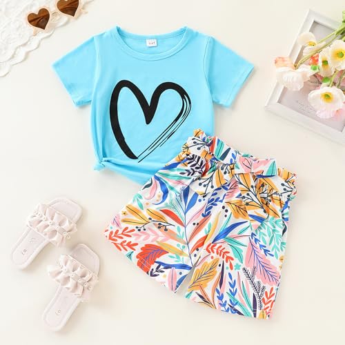 Image of KIDLAGA Toddler Kid Girl Outfits Clothes Floral Short Sleeve T-Shirt Top + Waist Pocketed Summer Short Sets 4-7T Girl Clothes