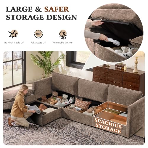 Image of Ihanherry 103 inch Modular Sectional Sofa with Storage, L Shaped Cloud Couch with Movable Ottomans & Throw Pillows, Chenille Deep Seat Sectional Couches for Living Room, Apartment (Brown)