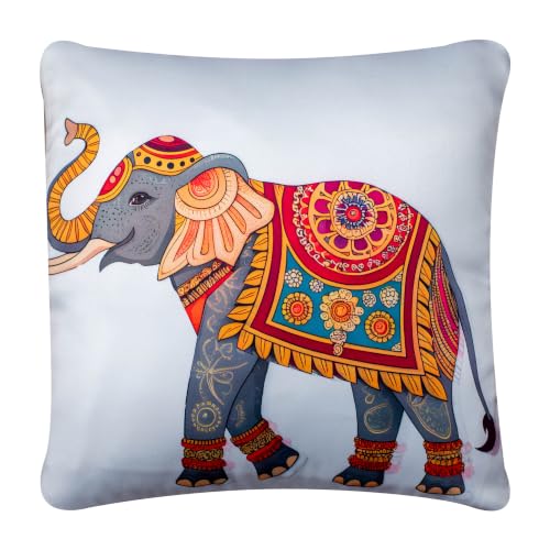 Image of Decorative Satin Cushion Covers Set of 5, 24 Inch x 24 Inch, Multicolor Realistic Traditional Motif Design, Lotus Diya Kalash Owl Elephant Digital Print, Zipper Closure (Anmol, 24X24 Inches)