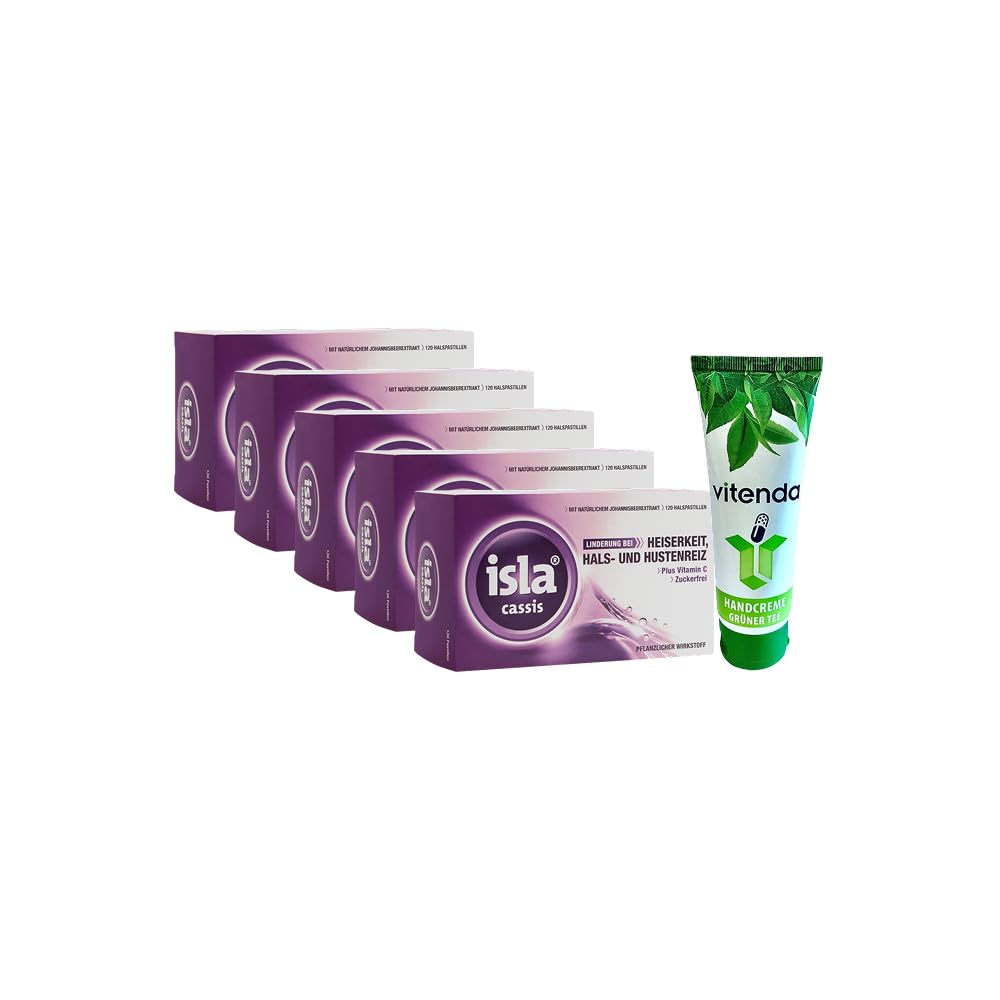 isla® Cassis Pastiglie – 5 x 120 pezzi inclusa una crema per le mani di Vitenda, sapore fruttato, ribes, senza zucchero, per problemi di gola e di voce