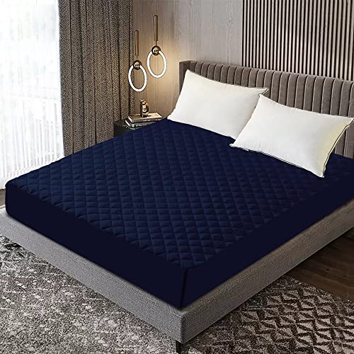 Image of Glassiano Sapphire Waterproof Quilted Mattress Protector 80x72 Inch for Double Bed King Size - Ultra Soft & Hypoallergenic Mattress Cover (Navy Blue - 1 Pcs)