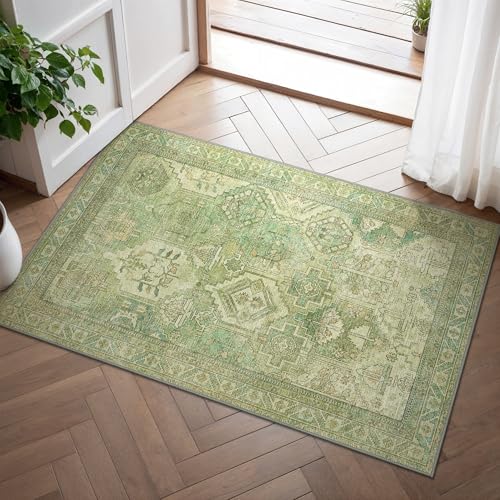 BEIMO Tappeto Salotto Vintage, Tappeto Antiscivolo Lavabile, Moderno Tappeti Camera Da Letto, Tappeti Persiano per Cucina, Soggiorno, Ufficio, Bambù Verde, 60x90cm