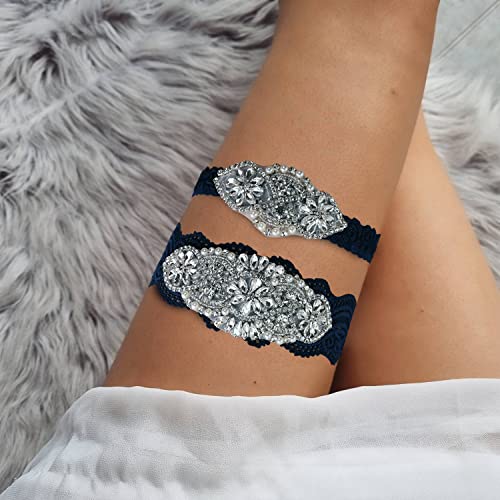 Yanstar Wedding Bridal Garter Belt Navy Stretch Lace Bridal Garter Sets With Silver Rhinestones For Wedding #TOP1