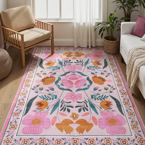 Tapete Boho Floral Rosa 5x7 para Dormitorio miniatura 1